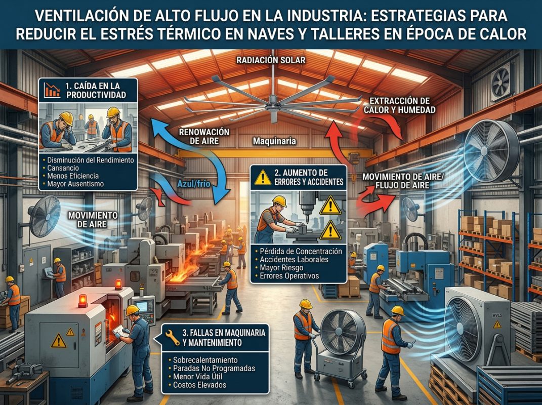 Ventilación de alto flujo en la industria: Estrategias para reducir el estrés térmico en naves y talleres en época de calor