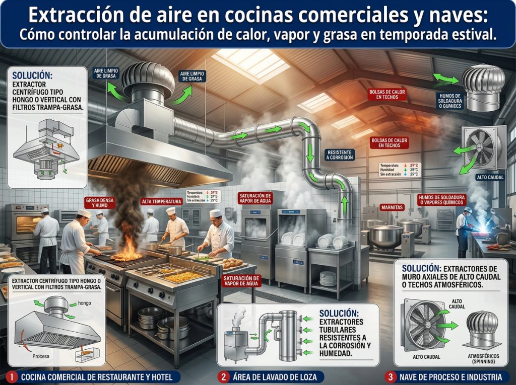Extracción de aire en cocinas comerciales y naves: Cómo controlar la acumulación de calor, vapor y grasa en temporada estival