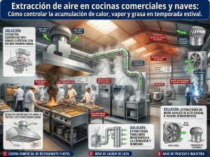 Extracción de aire en cocinas comerciales y naves: Cómo controlar la acumulación de calor, vapor y grasa en temporada estival
