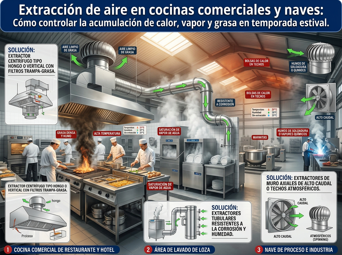 Extracción de aire en cocinas comerciales y naves: Cómo controlar la acumulación de calor, vapor y grasa en temporada estival
